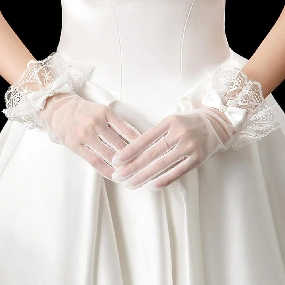 Women's Formal Floral Short Length Lace Wrist Bow Gloves Cream Wedding Costume